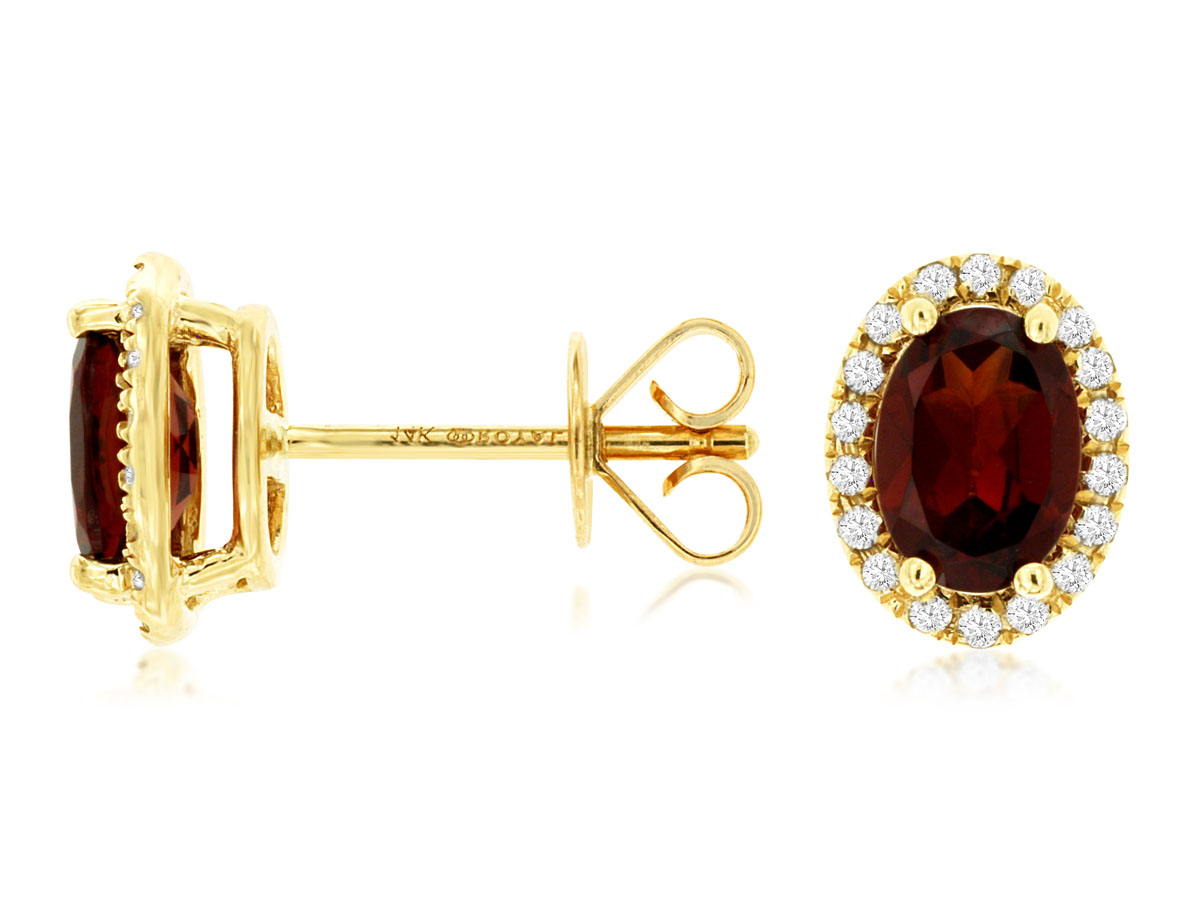 14K YELLOW GOLD POST EARRINGS WITH 1.80CTTW OVAL GARNET EARRINGS WITH .19CTTW ROUND I1 CLARITY & HI COLOR DIAMONDS
