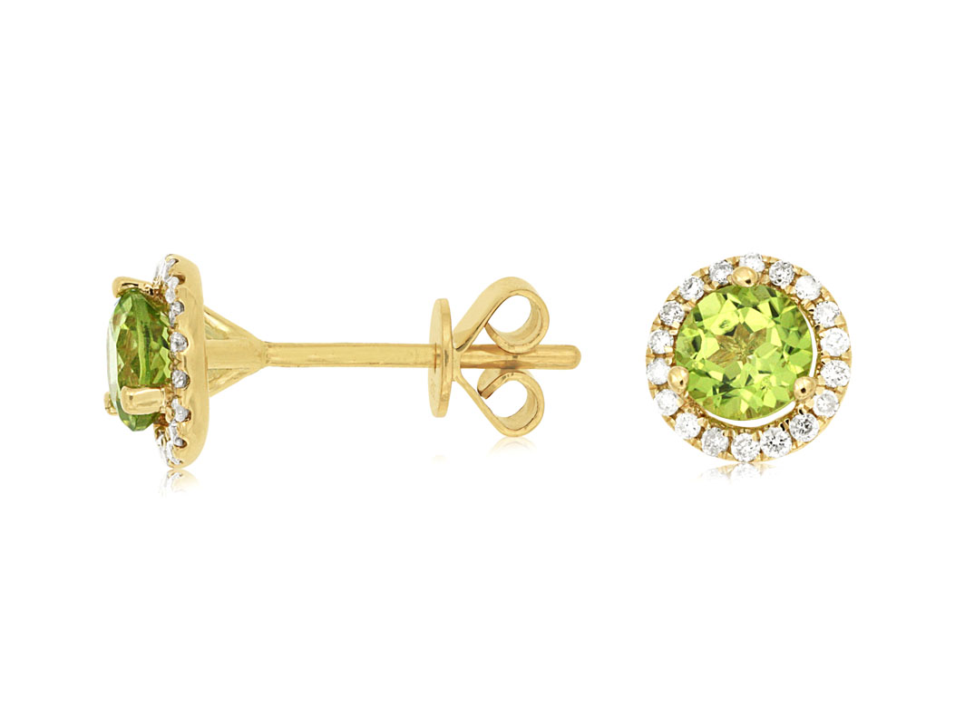 14K YELLOW GOLD POST EARRINGS WITH .85CTTW ROUND PERIDOTS AND .14CTTW ROUNDI1 CLARITY & HI COLOR DIAMONDS SET IN THE HALOS