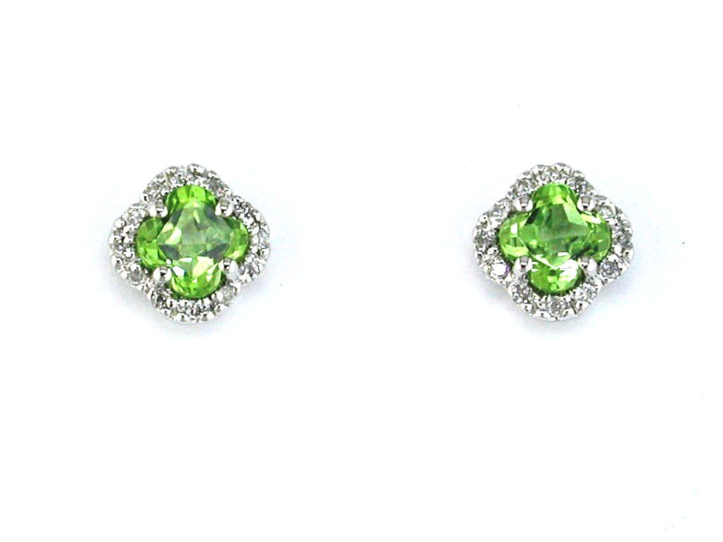 14K WHITE GOLD POST EARRINGS WITH 1.0CTTW SQUARE PERIDOT AND .10CTTW ROUND I1 CLARITY & HI COLOR DIAMONDS SET IN THE HALOS
