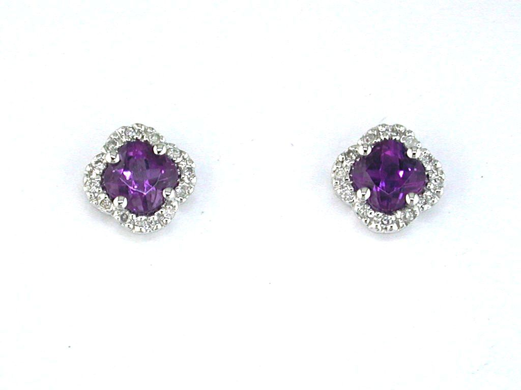 14K WHITE GOLD POST EARRINGS WITH .80CTTW ROUND AMETHYSTS AND .10CTTW ROUND I1 CLARITY & HI COLOR DIAMONDS SET IN THE HALOS
