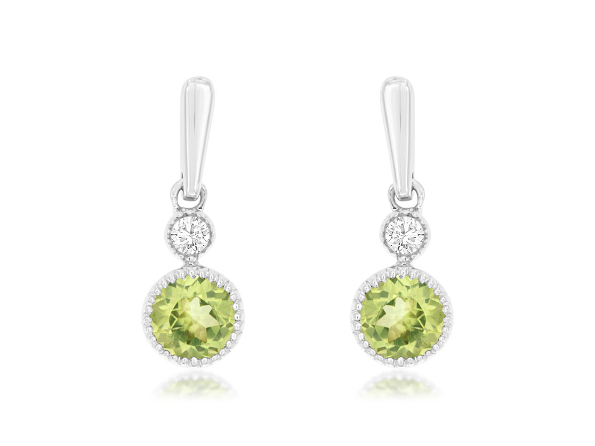 14K WHITE GOLD DROP EARRINGS WITH .25CTTW ROUND BEADED BEZEL SET PERIDOT AND .03CTTW ROUND I1 CLARITY & HI COLOR DIAMONDS