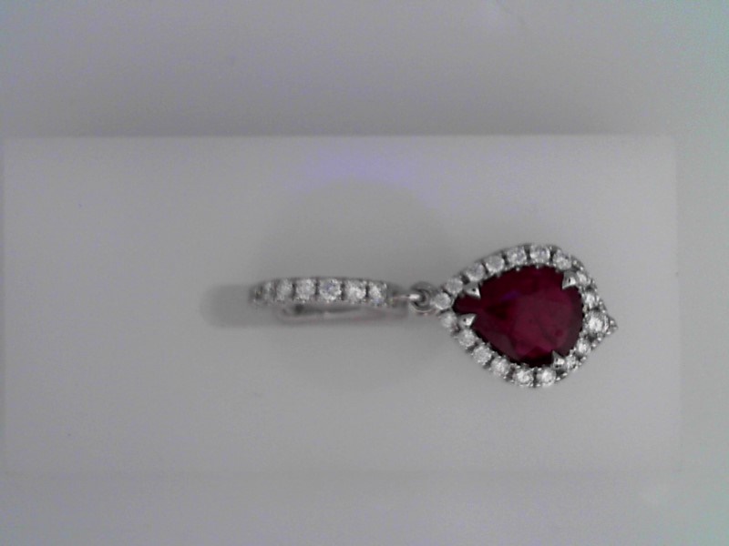 14K WHITE GOLD DROP EARRINGS WITH 2.55CTTW PEAR SHAPED RUBIES AND .67CTTW ROUND SI CLARITY & G COLOR DIAMONDS SET IN THE HALOS AND HOOP TOP
