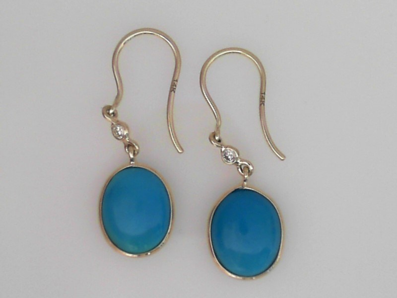 14K YELLOW GOLD OVAL BEZEL SET TURQUOISE DROP EARRINGS WITH (2)  .10CTTW ROUND BEZEL SET SI CLARITY & G COLOR DIAMONDS ON WIRES