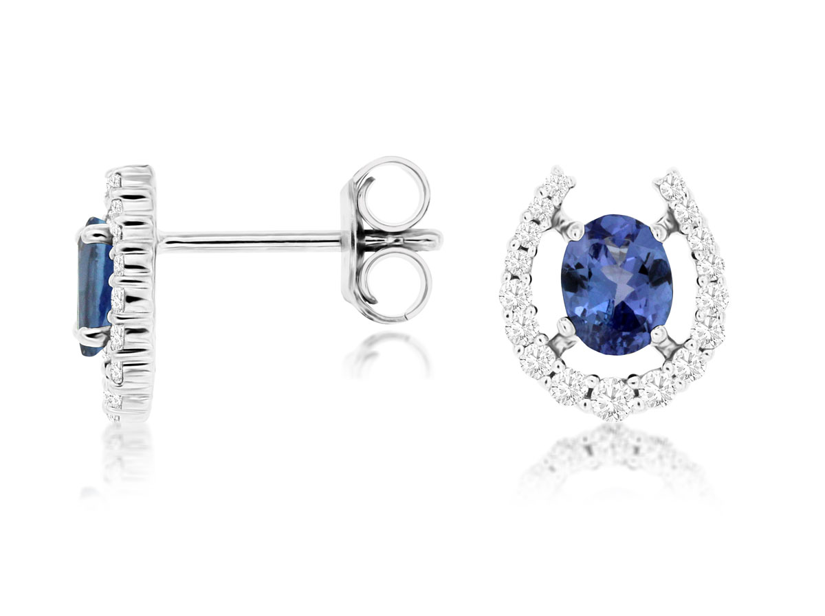 14K WHITE GOLD .70CTTW OVAL TANZANITE POST EARRINGS WITH .25CTTW ROUND I1 CLARITY & HI COLOR DIAMONDS SET IN A HORSESHOE STYLE