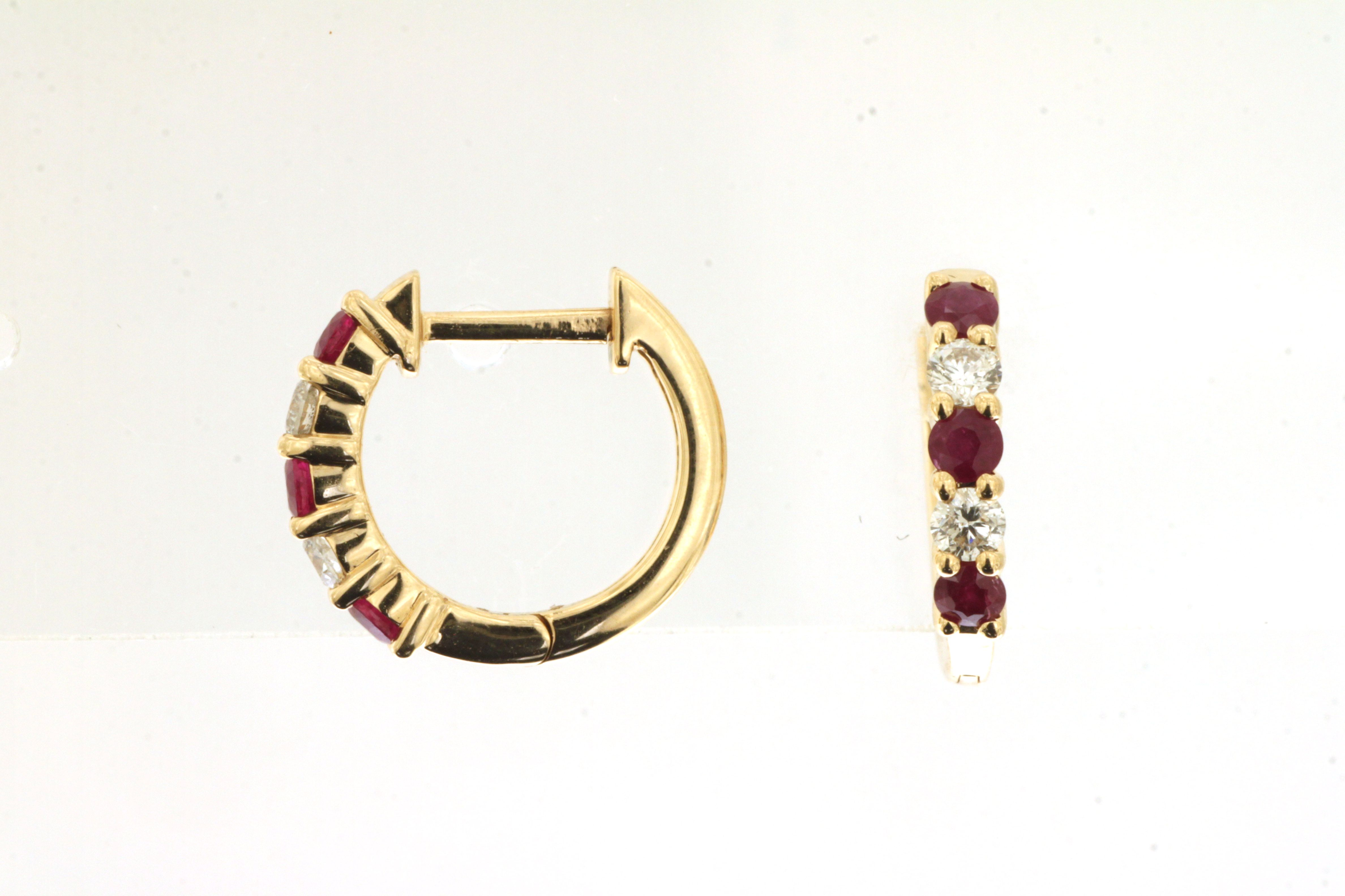 14K YELLOW GOLD HOOP EARRINGS WITH.20CTTW ROUND I1 CLARITY & HI COLOR DIAMONDS AND .35CTTW ROUND RUBIES