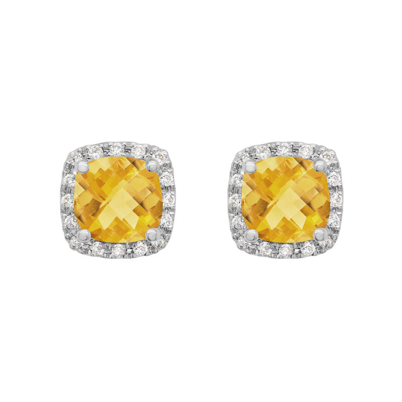 14K YELLOW GOLD 6MM (2.20CTTW) CHECKERBOARD CUT CITRINE POST EARRINGS WITH .16CTTW ROUND SI CLARITY & GH COLOR DIAMONDS SET IN THE HALOS
