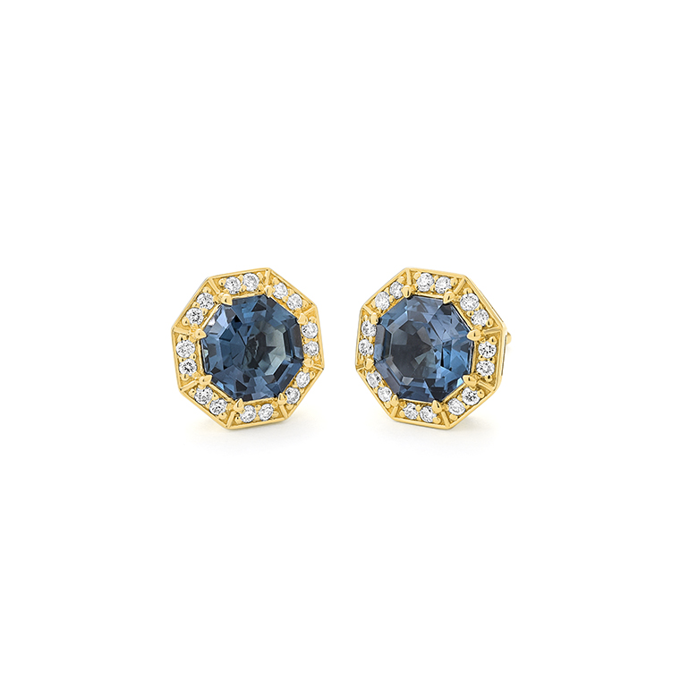 14K YELLOW GOLD POST EARRINGS WITH OCTAGON SHAPED LONDON BLUE TOPAZ STUDS WITH .18CTTW ROUND SI CLARITY & GH COLOR DIAMONDS SET IN THE HALO