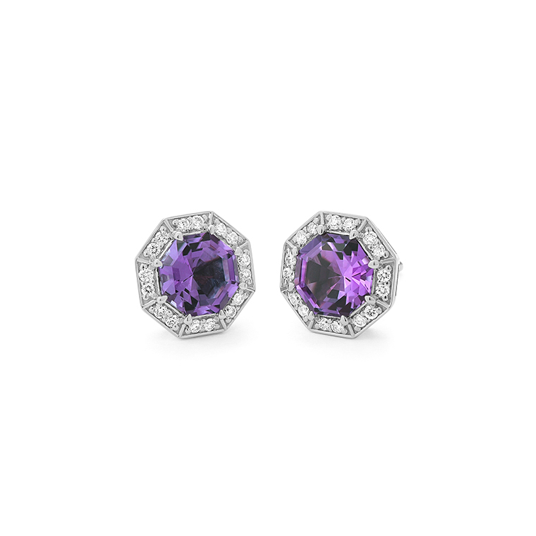 14K WHITE GOLD POST EARRINGS WITH OCTAGON AMETHYSTS AND .18CTTW ROUND SI CLARITY & GH COLOR DIAMONDS SET INTHE HALOS
