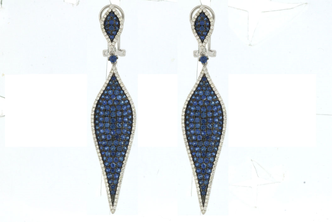 14K WHITE GOLD OMEGA BACK SPIKE DROP EARRINGS WITH 4.15CTTW ROUND BLUE SAPPHIRES AND 1.08CTTW ROUND I1 CLARITY & HI COLOR DIAMONDS SET IN THE HALOS