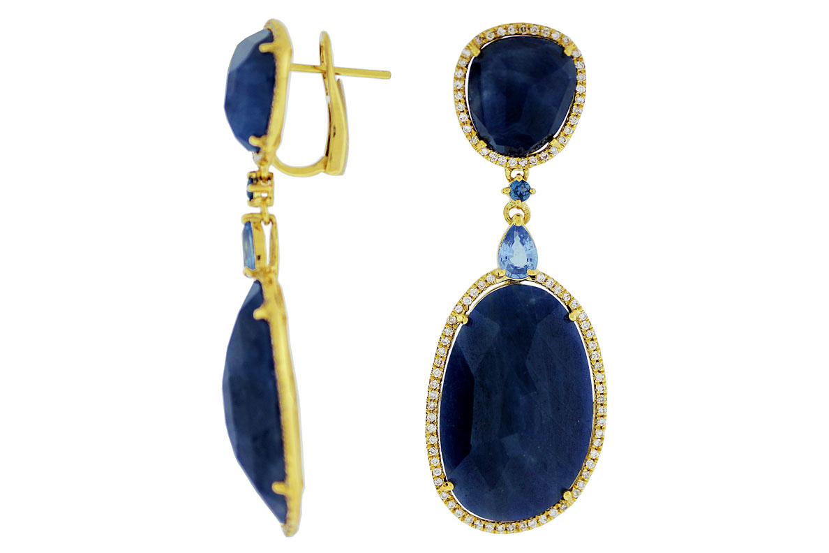 14K YELLOW GOLD OMEGA BACK DROP EARRINGS WITH 54CCTW SAPPHIRE SLICES & ROUND AND PEAR SHAPED SAPPHIRES WITH .70CTTW ROUND I1 CLARITY & HI COLOR DIAMONDS SET IN THE HALOS