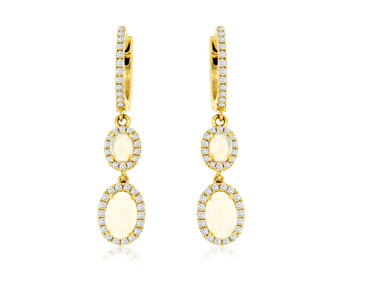 14K YELLOW GOLD DOUBLE DROP .80CTTW OVAL OPAL EARRINGS WITH .30CTTW ROUND I1 CLARITY & HI COLOR DIAMONDS SET IN THE HALOS AND HOOP TOP