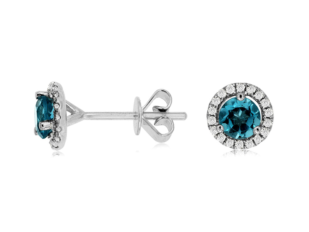14K WHITE GOLD POST EARRINGS WITH .85CTTW ROUND BLUE TOPAZ WITH .14CTTW ROUND I1 CLARITY & HI COLOR DIAMONDS SET IN THE HALOS
