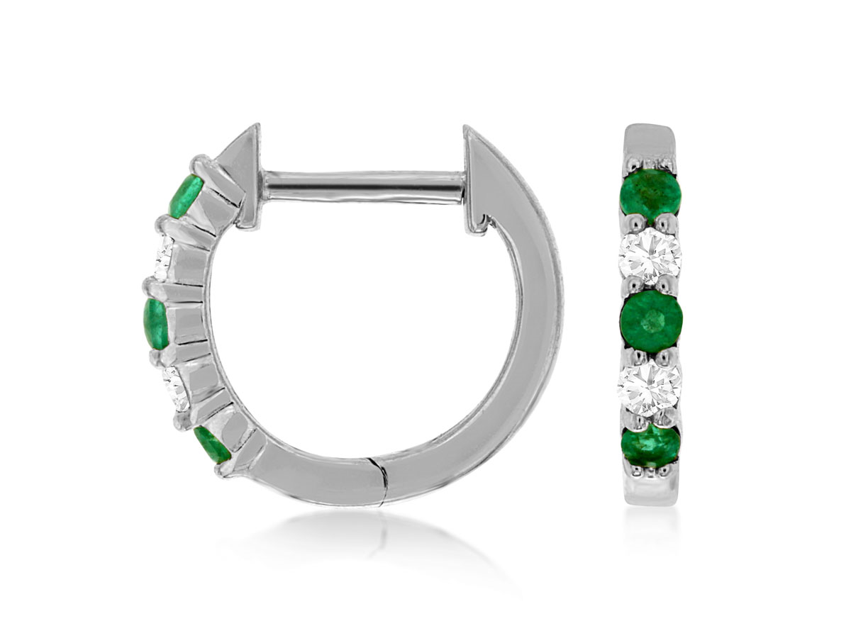 14K WHITE GOLD SMALL HOOP EARRINGS WITH .10CTTW ROUND I1 CLARITY & HI COLOR DIAMONDS ALTERNATIONG WITH .15CTTW ROUND EMERALDS