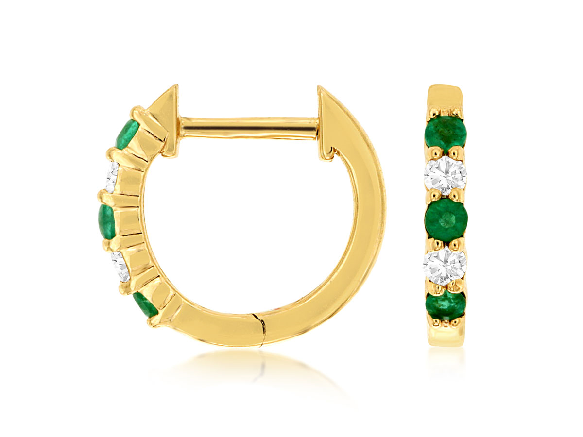 14K YELLOW GOLD SMALL HUGGIE EARRINGS WITH .10CTTW ROUND I1 CLARITY &HI COLOR DIAMONDS AND .15CTTW ROUND EMERALDS