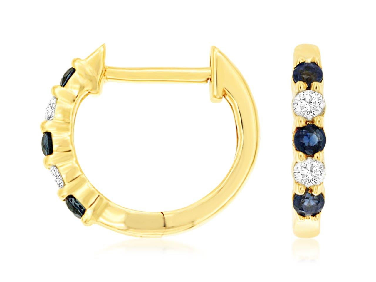 14K YELLOW GOLD SMALL HOOP EARRINGS WITH .10CTTW ROUND I1 CLARITY & HI COLOR DIAMONDS ALTERNATING WITH .15CTTW ROUND SAPPHIRES