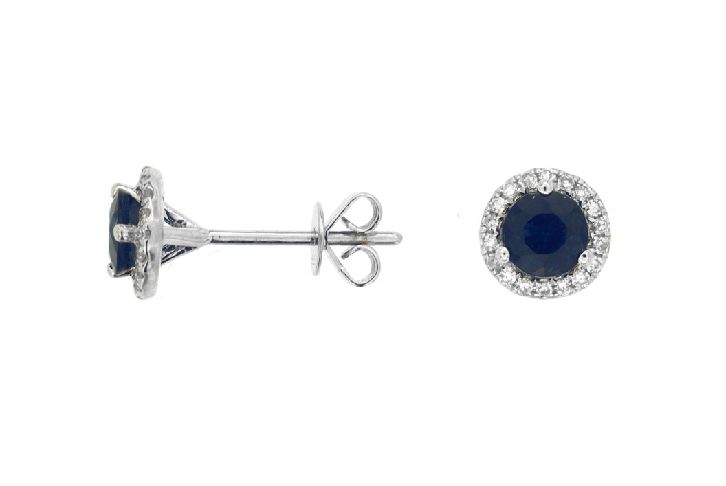 14K WHITE GOLD POST EARRINGS WITH .90CTTW ROUND SAPPHIRES AND .14CTTW ROUND I1 CLARITY & HI COLOR DIAMONDS SET IN THE HALO