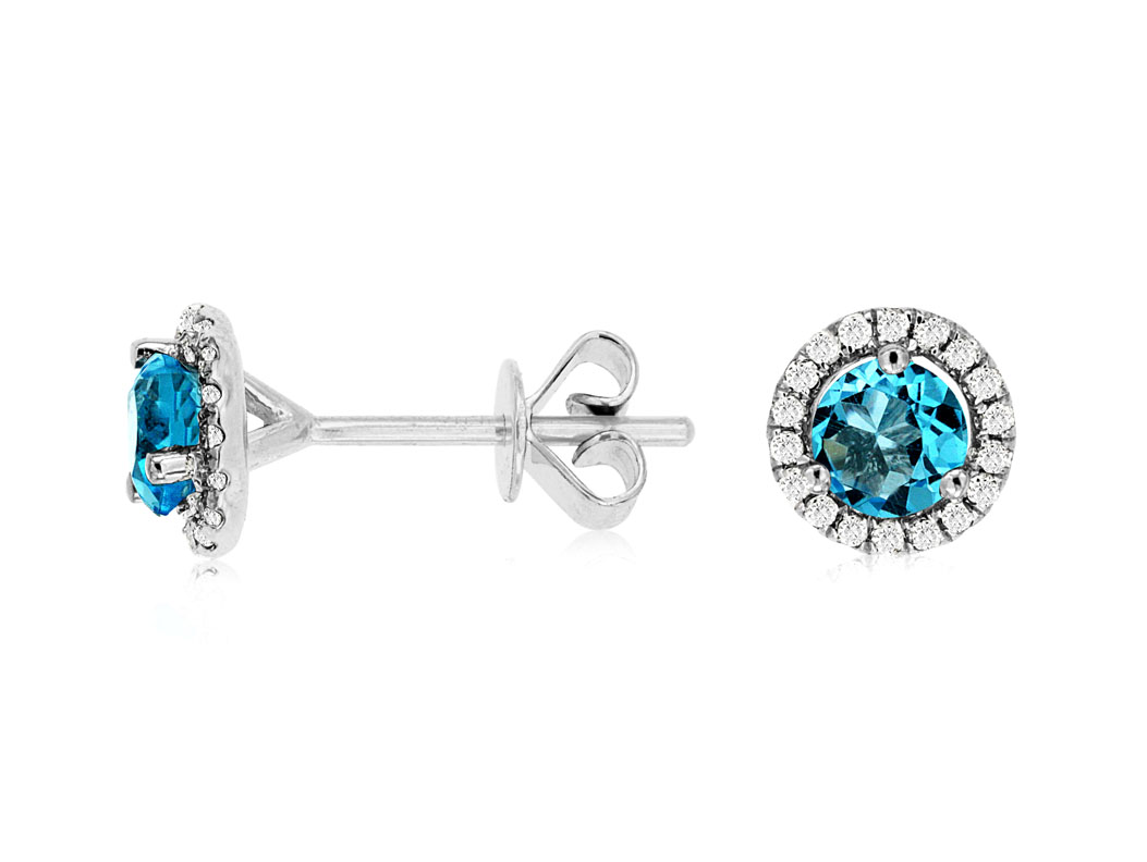 14K WHITE GOLD 1.60CTTW ROUND BLUE TOPAZ STUD EARRINGS WITH .16CTTW ORUND I1 CLARITY & HI COLOR DIAMONDS SET IN THE HALO