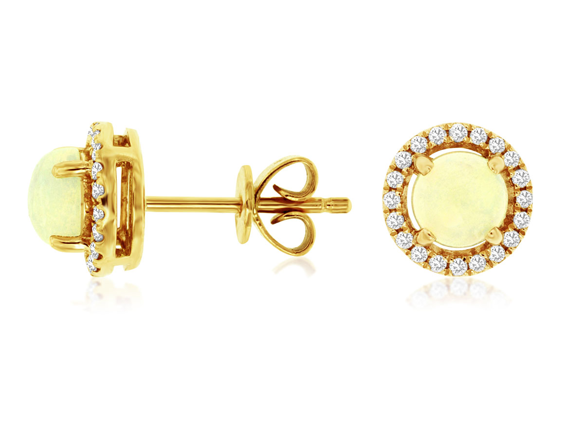 14K YELLOW GOLD STUD EARRINGS WITH .60CTTW ROUND OPALS AND .15CTTW ROUND I1 CLARITY & HI COLOR DIAMONDS SET IN THE HALOS
