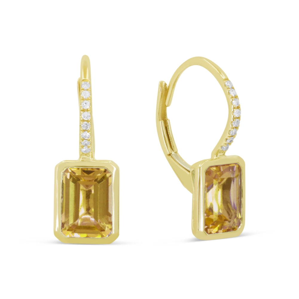 14K YELLOW GOLD 1.83CTTW EMERLAD CUT BEZEL SET CITRING LEVERBACK EARRINGS WITH .05CTTW ROUND SI CLARITY & GH COLOR DIAMONDS SET IN THE TOP