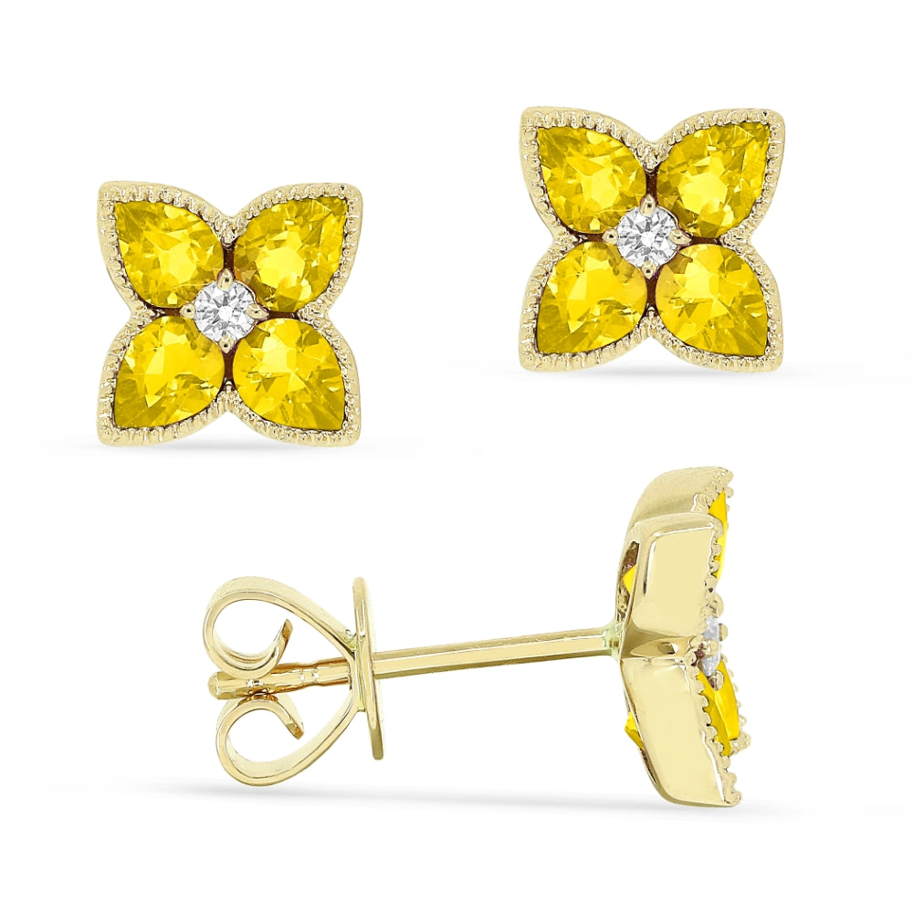 14K YELLOW GOLD FLORAL POST EARRINSG WITH 1.14CTTW CITRINES AND .05CTTW ROUND SI CLARITY & GH COLOR DIAMONDS
