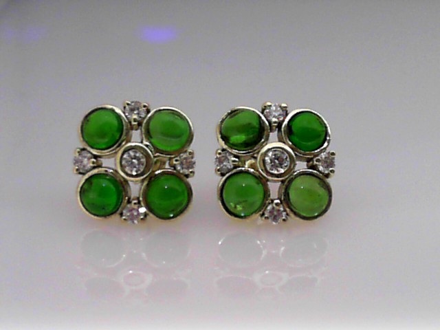 14K GREEN GOLD ROUND BEZEL SET CHROME DIOPSIDE CABOCHON STUDS WITH .34CTTW ROUND SI CLARITY & GH COLOR DIAMONDS