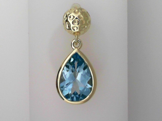 14K GREEN GOLD BEZEL SET PEAR SHAPED BLUE TOPAZ DROP POST EARRINGS WITH A ROUND HAMMERED GOLD TOP