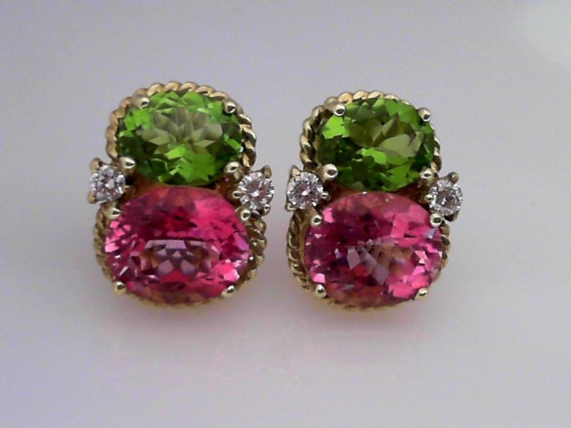 14K GREEN GOLD "FRUIT GEM" ROPE DESIGN OMEGA BACK EARRINGS WITH OVAL PERIDOT, PINK TOPAZ AND .40CTW ROUND SI CLARITY & GH COLOR DIAMONDS