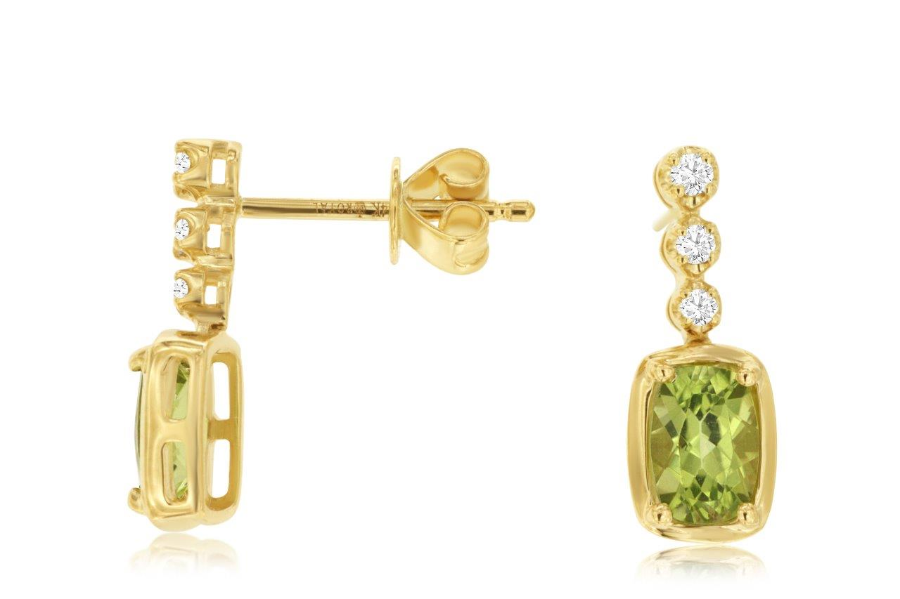 14K YELLOW GOLD POST DROP EARRINGS WITH 1CTTW RECTANGLE CUSHION SHAPE EARRINGS WITH .10CTTW ROUND I1 CLARITY & H COLOR DIAMONDS SET ON THE TOP