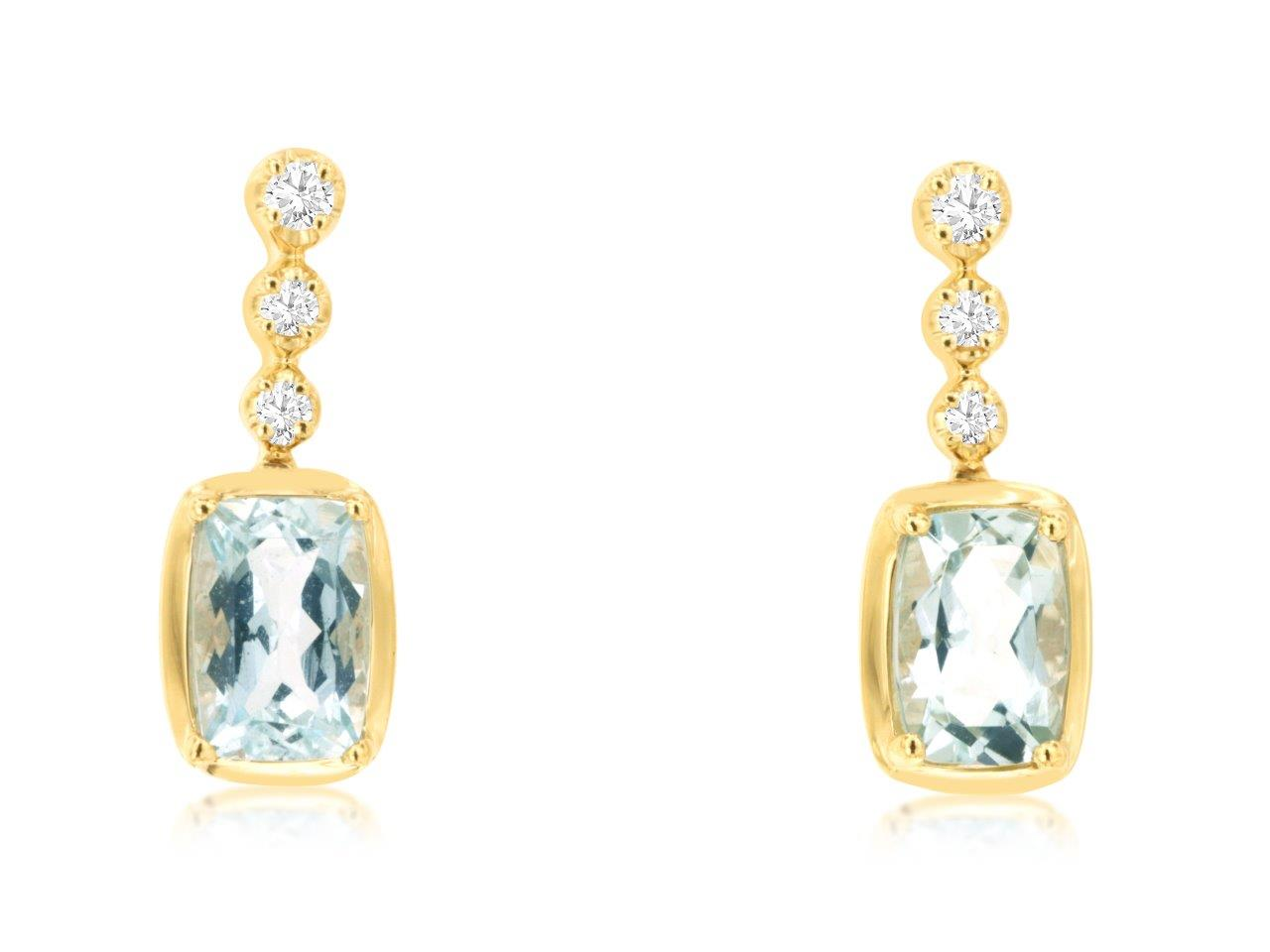 14K YELLOW GOLD POST DROP EARRINGS WITH .95CTTW RECTANGLE CUSHION SHAPE AQUAMARINES AND .10CTTW ROUND I1 CLARITY & H COLOR DIAMOND SET ON THE TOP