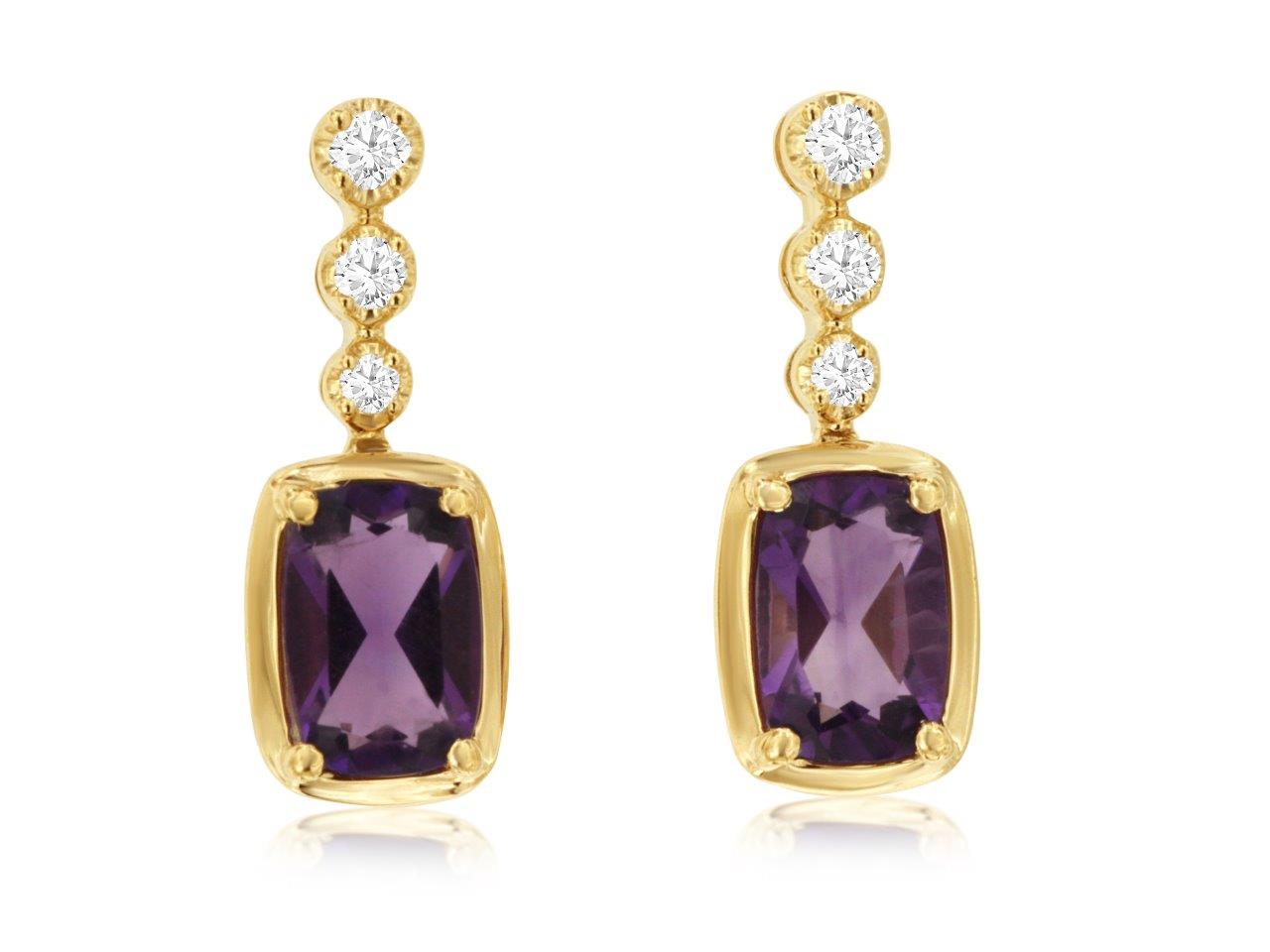 14K YELLOW GOLD DROP EARRINGS WITH .90CTTW RECTANGLE AMETHYSTS AND .10CTTW ROUND I1 CLARITY & HI COLOR DIAMONDS SET IN THE HALOS