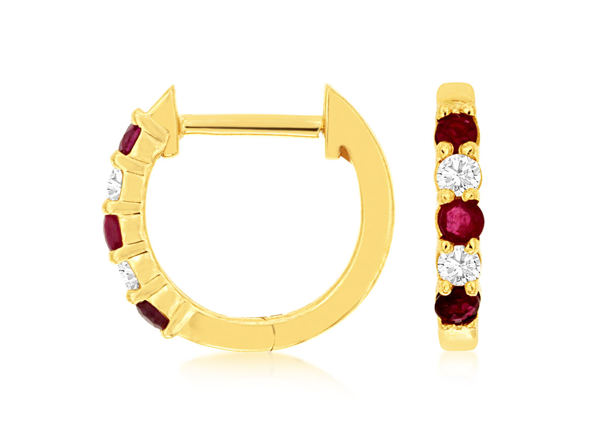14K YELLOW GOLD SMALL HOOP EARRINGS WITH .10CTTW ROUND I1 CLARITY & HI COLOR DIAMONDS AND .15CTTW ROUND RUBIES