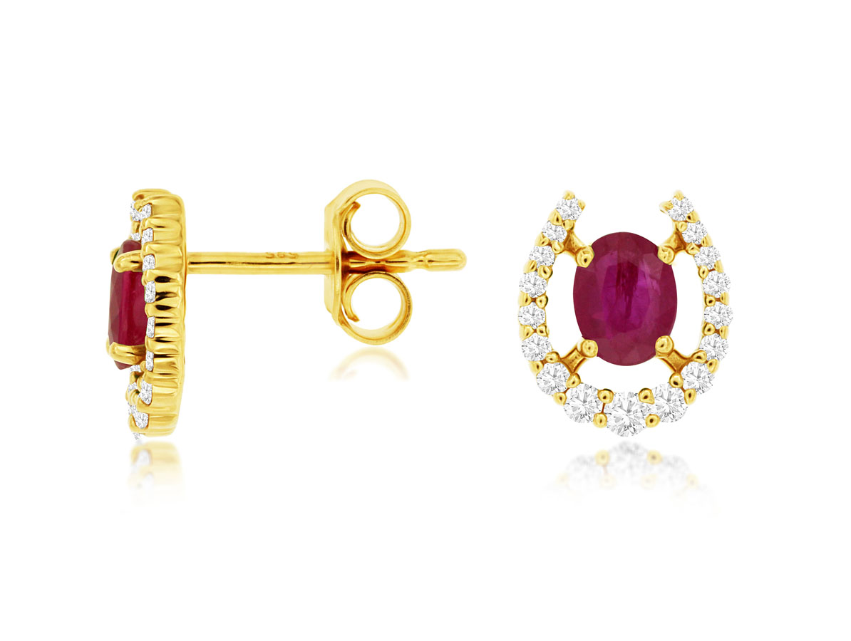 14K YELLOW GOLD .25CTTW ROUND I1 CLARITY & H COLOR DIAMOND HORSESHOE POST EARRINGS WITH .82CTTW OVAL RUBY SET IN THE CENTER