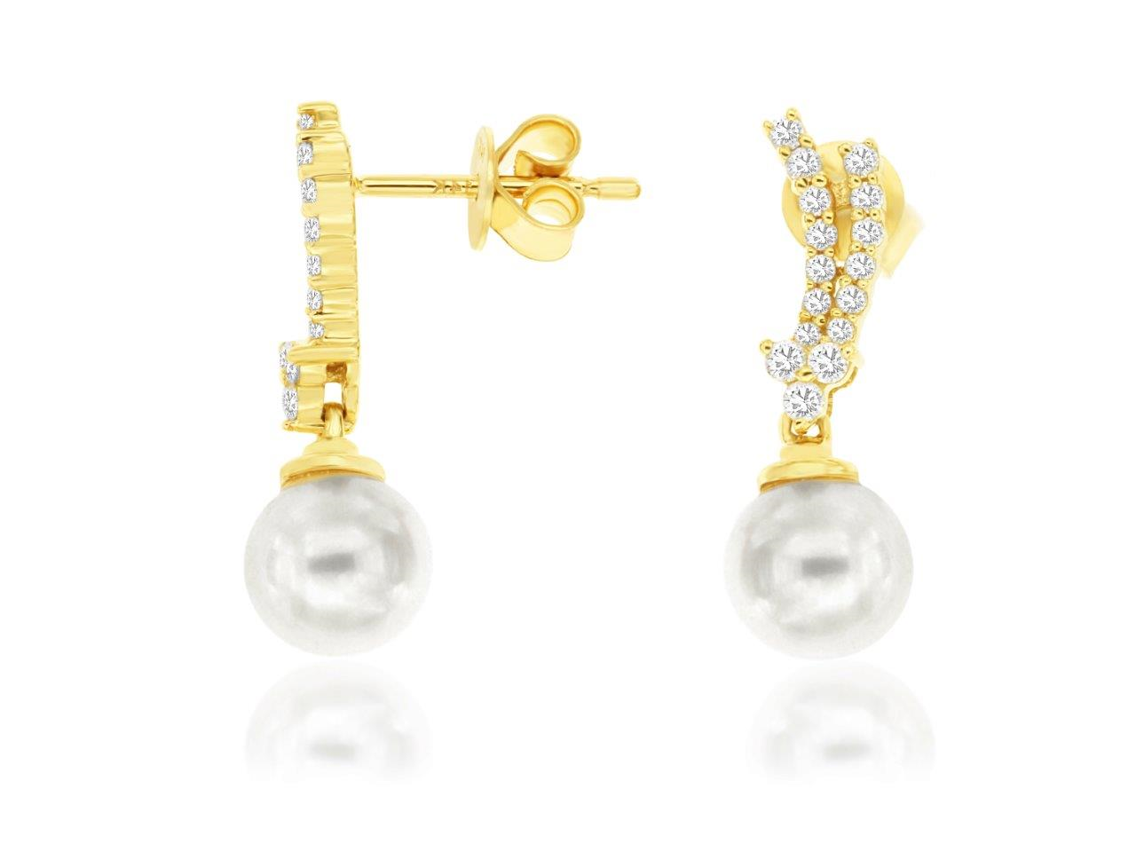 14K YELLOW GOLD PEARL DROP EARRINGS WITH .29CTTW I1 CLARITY &HI COLOR DIAMONDS SEET IN THE DOUBLE ROW TOP