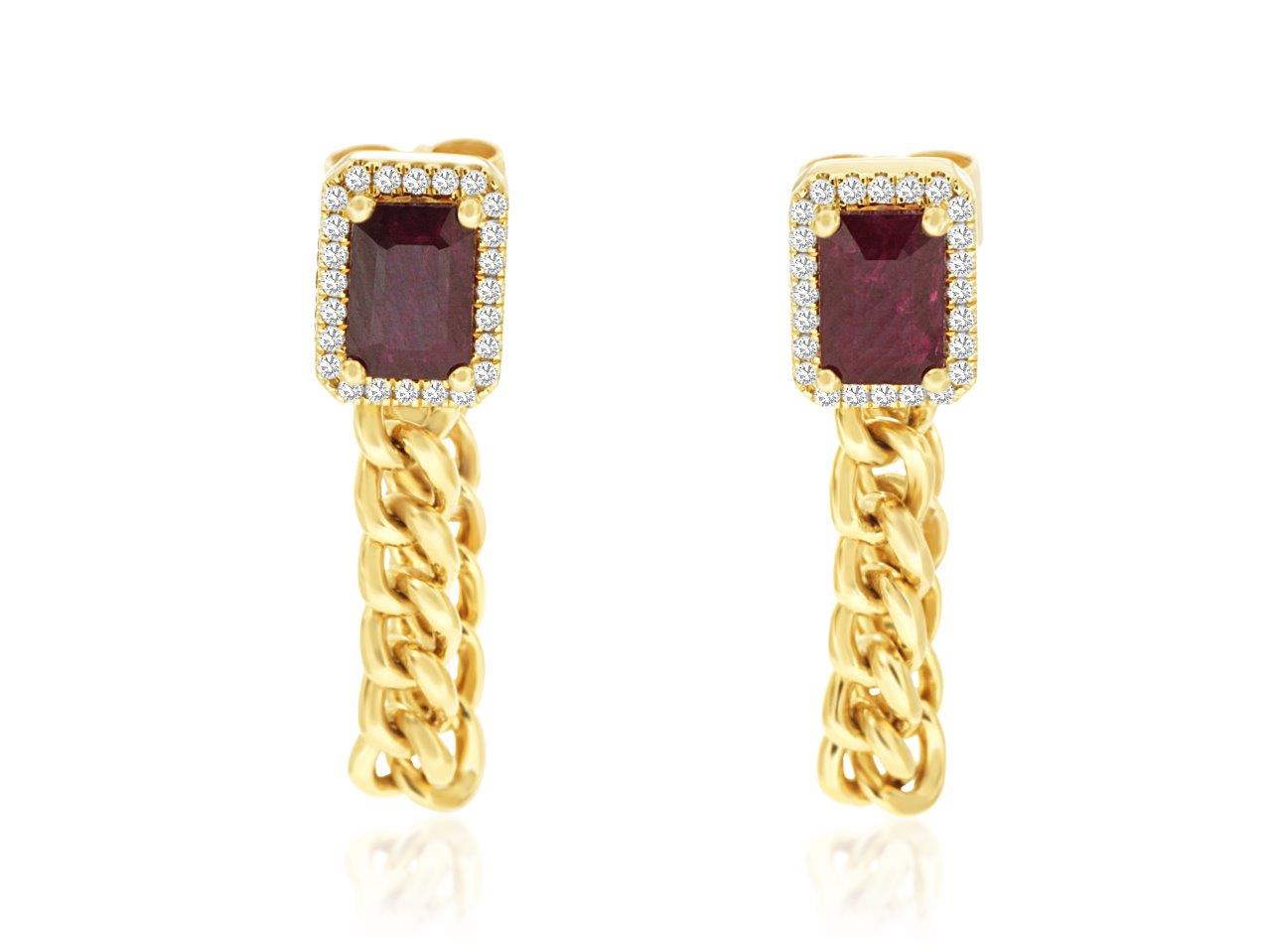 14K YELLOW GOLD CHAIN DROP POST EARRINGS WITH 1.26CTTW EMERALD CUT RUBIES WITH .14CTTW ROUND I1 CLARITY & HI COLOR DIAMONDS SET INTHE HALO