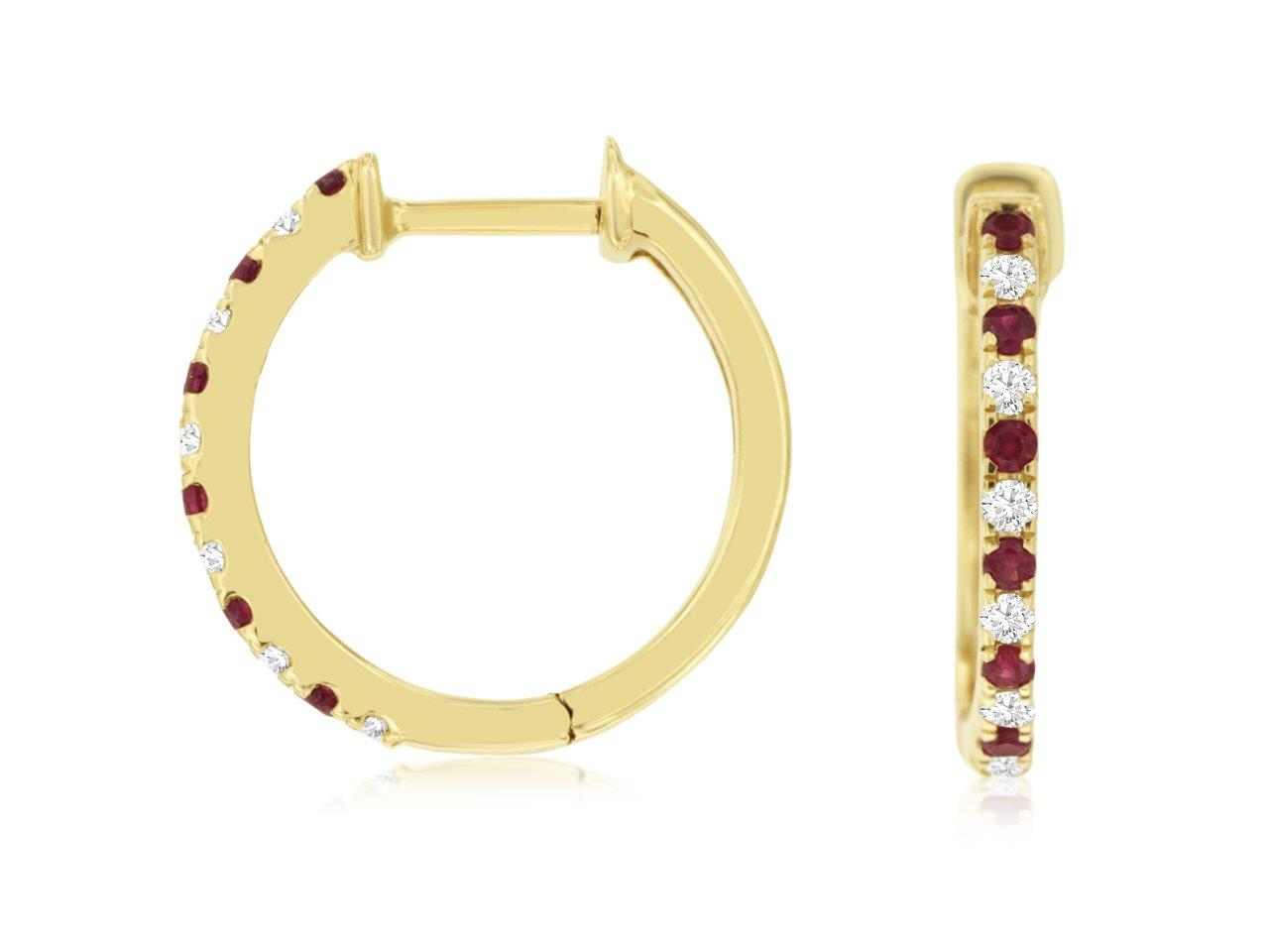 14K YELLOW GOLD HOOP EARRINGS WITH .12CTTW ROUND I1 CLARITY & HI COLOR DIAMONDS ALTERNATING WITH .15CTTW ROUND RUBIES