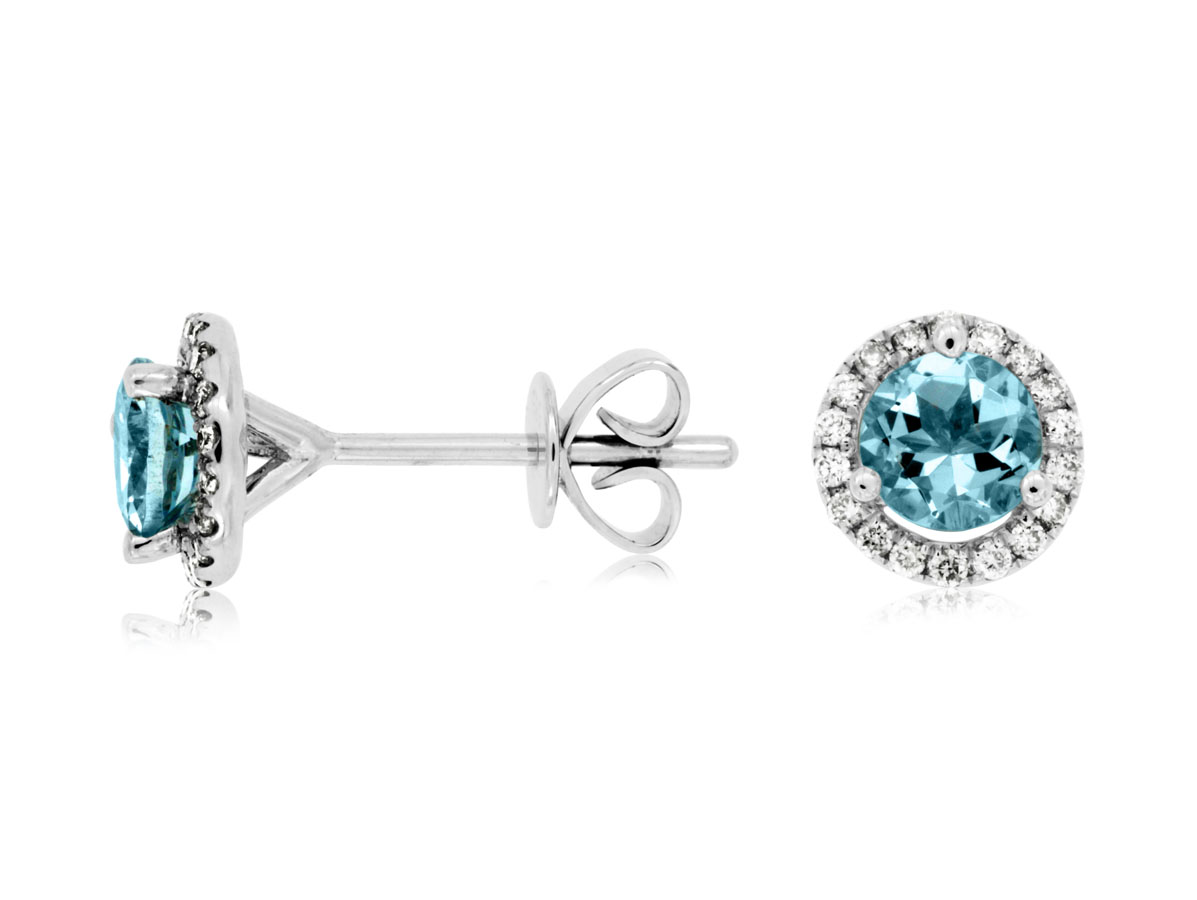 14K WHITE GOLD POST EARRINGS WITH .65CTTW ROUND AQUAMARINES AND .14CTTW ROUND I1 CLARITY & HI COLOR DIAMONDS SET IN THE HALOS