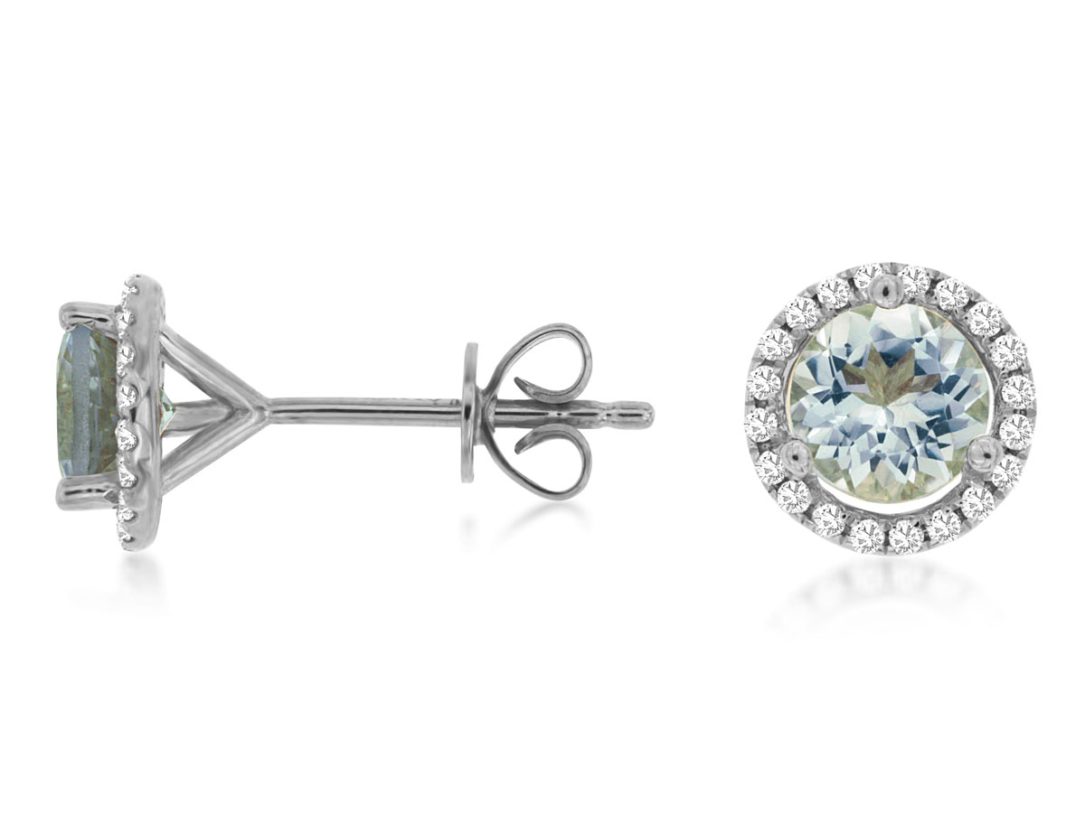 14K WHITE GOLD POST EARRINGS WITH 1.10CTTW ROUND AQUAMARINES WITH .16CTTW ROUND I1 CLARITY & HI COLOR DIAMONDS SET IN THE HALOS