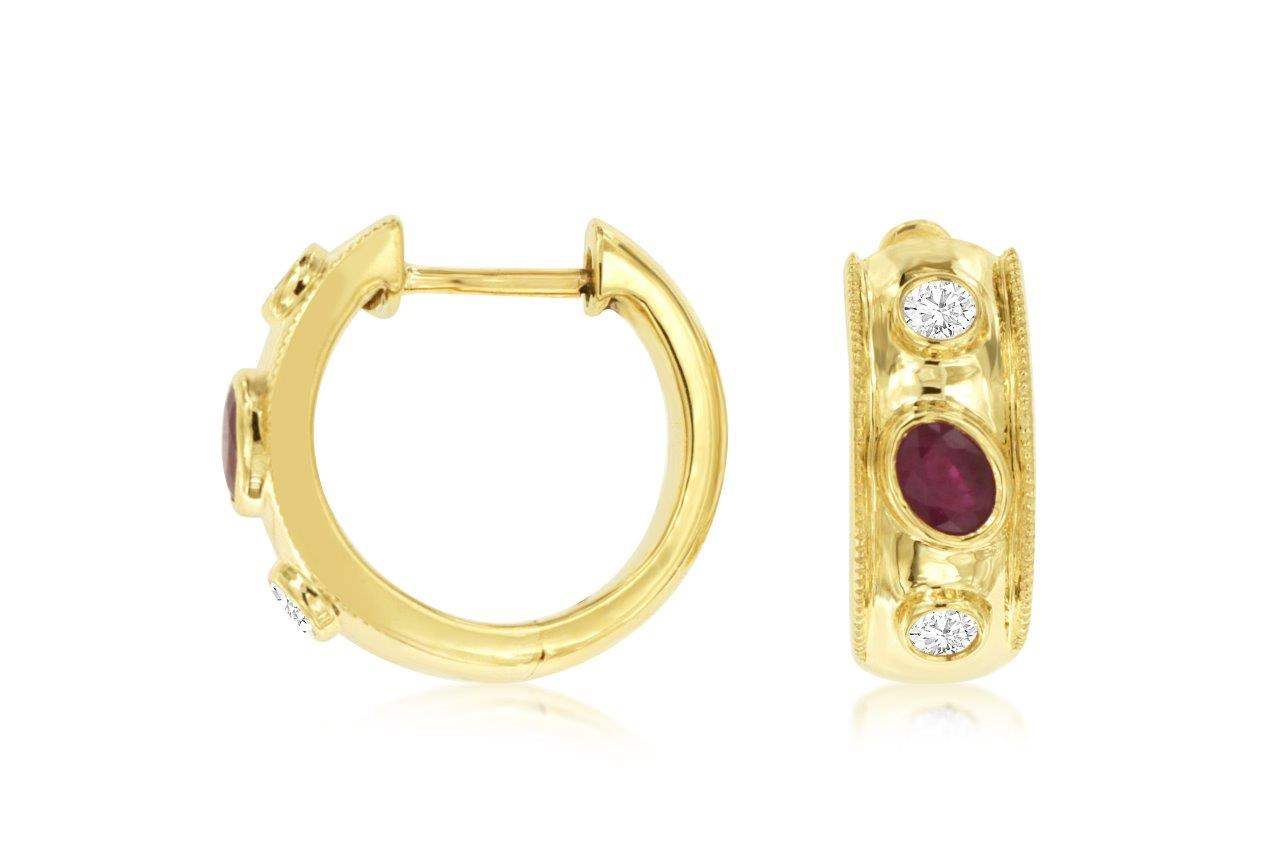 14K YELLOW GOLD HOOP EARRINGS WITH .40CTTW OVAL RUBIES AND .18CTTW ROUND I1 CLARITY &HI COLOR DIAMONDS