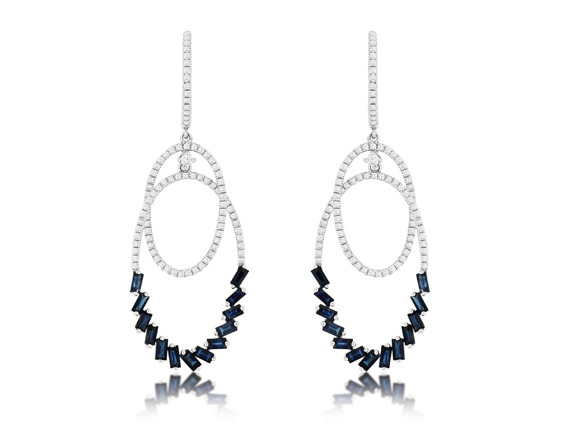 14K WHITE GOLD DOUBLE OPEN OVAL DROP EARRINGS WITH .55CTTW ROUND I1 CLARITY & HI COLOR DIAMONDS AND 1.25CTTW BAGUETTE SAPPHIRES WITH HOOP TOPS