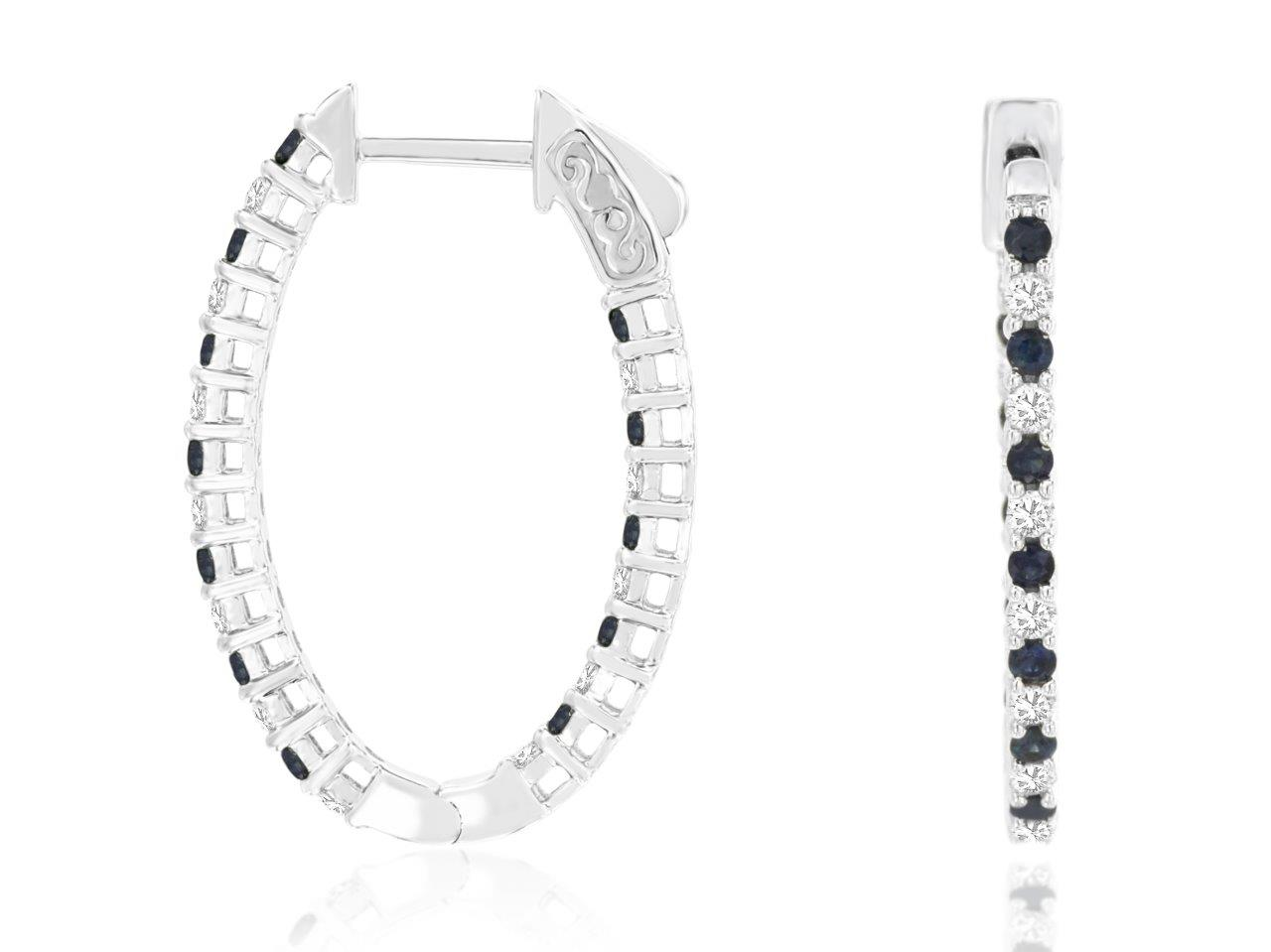 14K WHITE GOLD OVAL INSIDE/OUTSIDE HOOP EARRINGS WITH .53CTTW ROUND I1 CLARITY & HI COLOR DIAMONDS ALTERNATING WITH .62CTTW ROUND BLUE SAPPHIRES WITH LOCKING BACKS