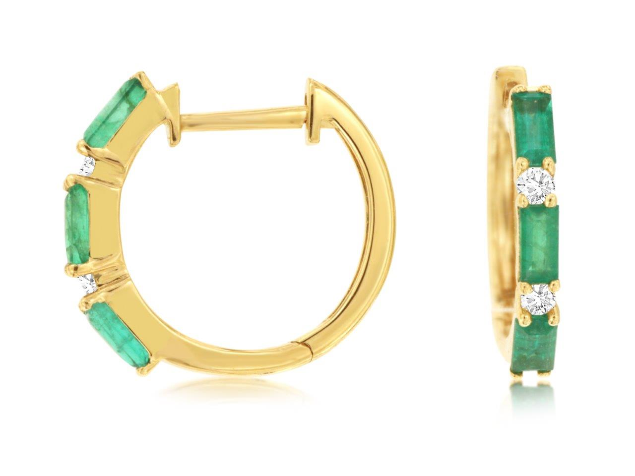 14K YELLOW GOLD HOOP EARRINGS WITH .75CTTW BAGUETTE EMERALDS AND .10CTTW ROUND I1 CLARITY & HI COLOR DIAMONDS