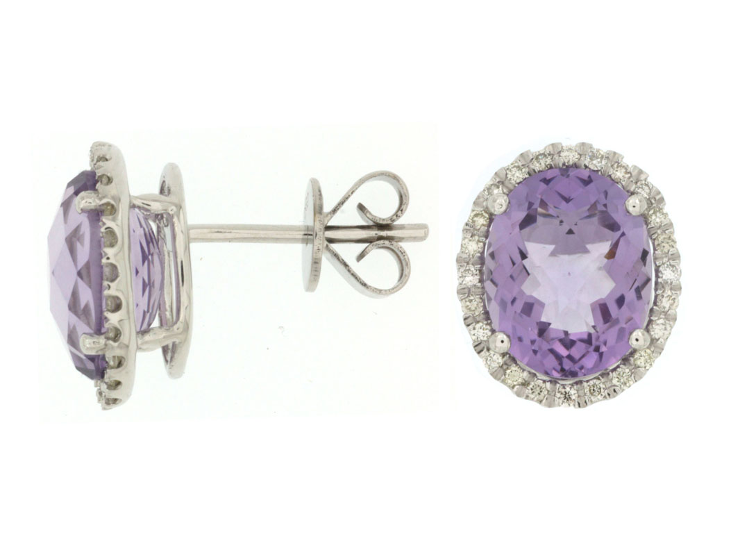 14K WHITE GOLD POST EARRINGS WITH 4.40CTTW OVAL AMETHYST AND .35CTTW ROUND I1 CLARITY & HI COLOR DIAMONDS SET IN THE HALOS
