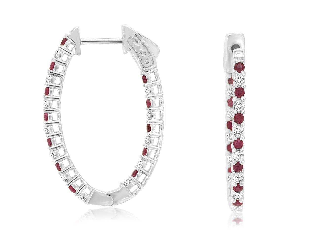 14K WHITE GOLD OVAL INSIDE OUTSIDE HOOP EARRINGS WITH .53CTTW I1 CLARITY & HI COLOR DIAMONDS ALTERNATING WITH .60CTTW ROUND RUBIES WITH LOCKING BACKS