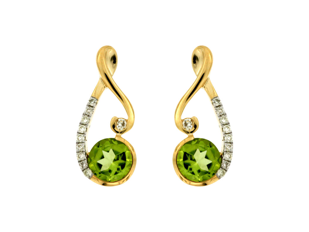 14K YELLOW GOLD SWIRL POST EARRINGS WITH .90CTTW ROUND BEZEL SET PERIDOT WITH .09CTTW ROUND I1 CLARITY & HI COLOR DIAMONDS