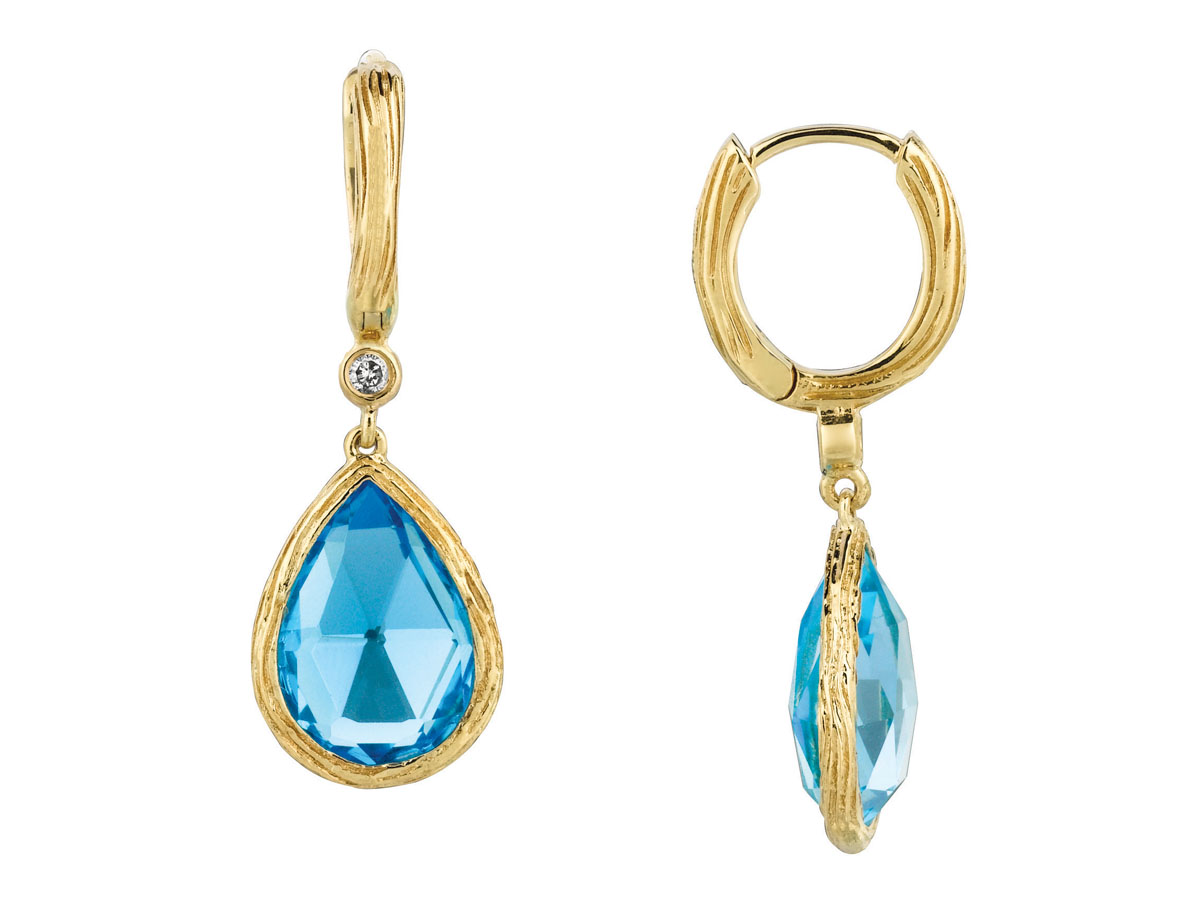 14K YELLOW GOLD 8.50CTTW PEAR SHAPED BEZEL SET BLUE TOPAZ DROP HOOP TOP EARRINGS WITH .03CTTW ROUND I1 CLARITY & HI COLOR DIAMONDS