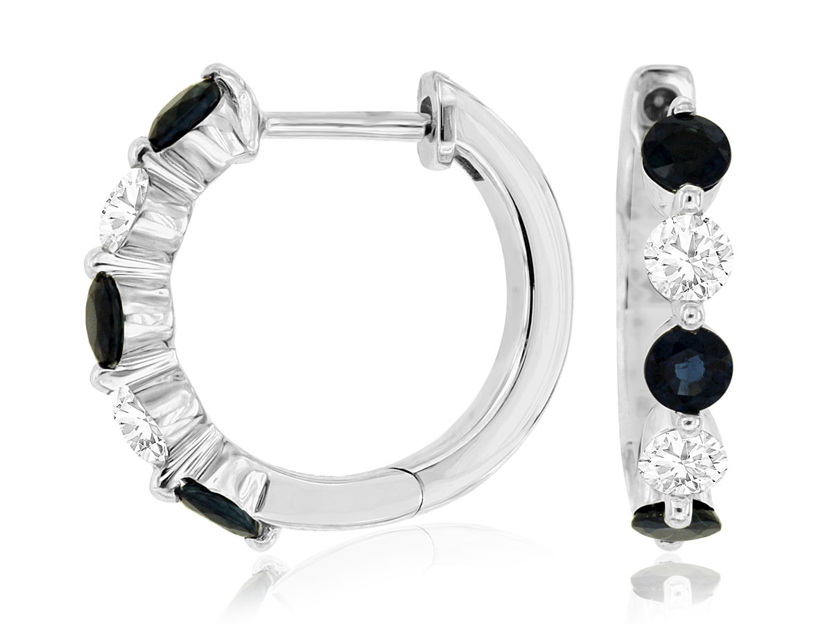 14K WHITE GOLD SMALL HOOP EARRINGS WITH .40CTTW ROUND I1 CLARITY & HI COLOR DIAMONDS ALTERNATING WITH .72CTTW ROUND BLUE SAPPHIRES