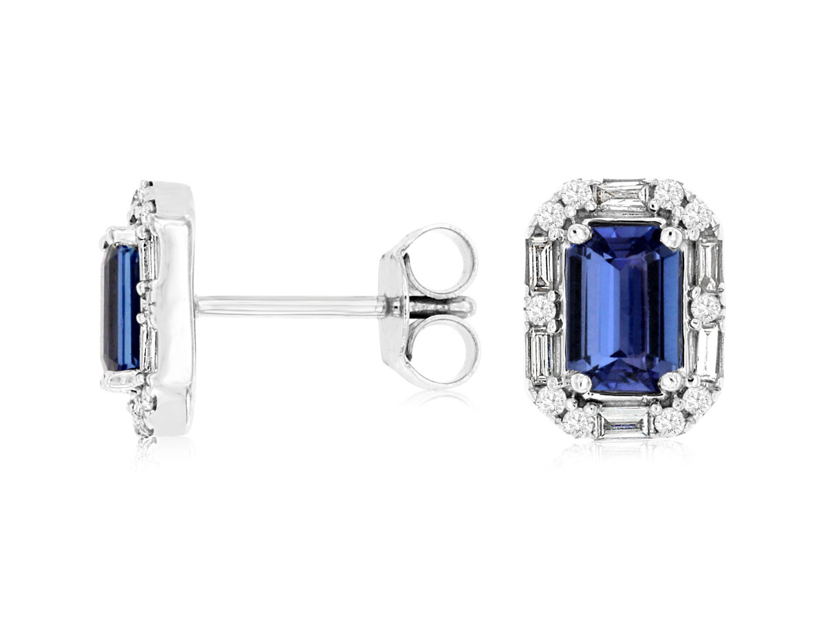 14K WHITE GOLD POSTEARRINGS WITH 1.20CTTW EMERALD CUT TANZANITE AND .27CTTW ROUND AND BAGUETTE I1 CLARITY & HI COLOR DIAMONDS SET IN THE HALO