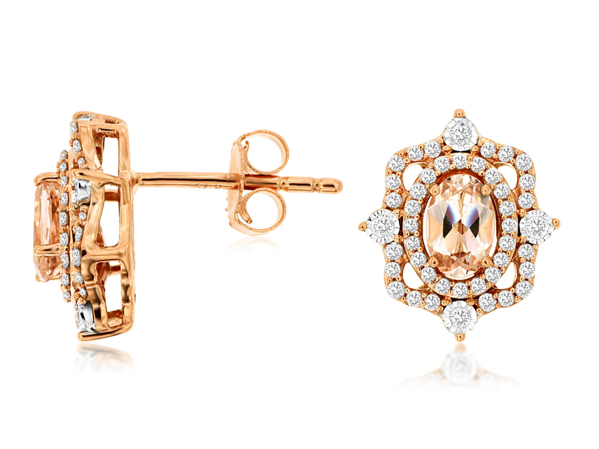 14K ROSE GOLD .80CT OVAL MORGANITE POST EARRINGS WITH .39CTTW ROUND I1 CLARITY & HI COLOR DIAMONDS SET IN THE SCALLOPED SETTINGS