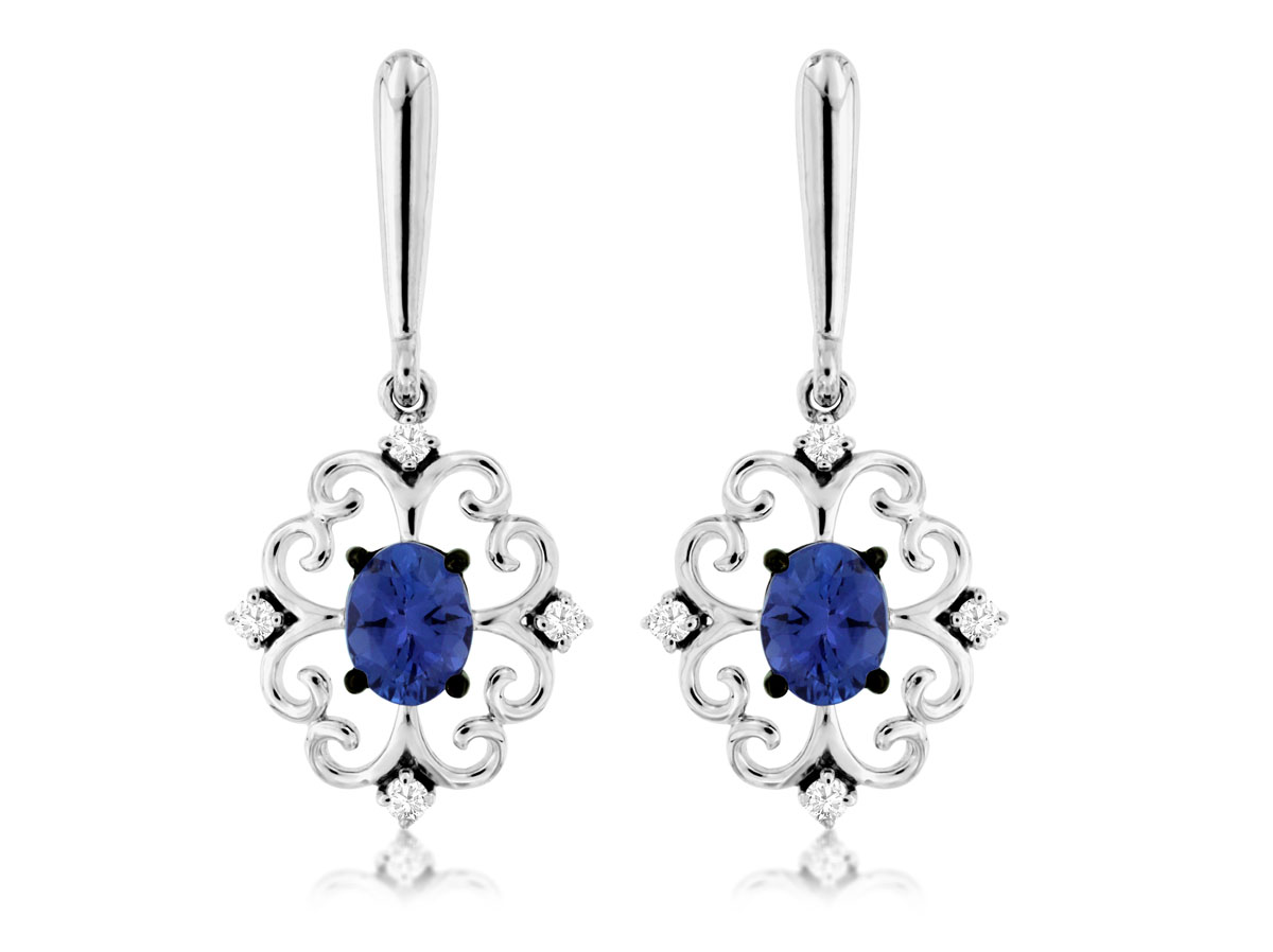 14K WHITE GOLD POST DROP EARRINGS WITH .70CTTW OVAL TANZANITES AND .08CTTW ROUND I1 CLARITY & HI COLOR DIAMONDS SET IN THE FILIGREE