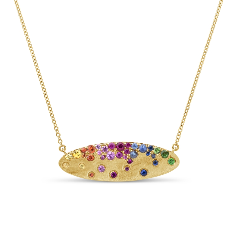 14K YELLOW GOLD CONFETTI SATIN FINISH OVAL BAR NECKLACE WITH .84CTTW ROUND RAINBOW SAPPHIRES AND TSAVORITE GARNETS ON AN 18" PAPERCLIP CHAIN